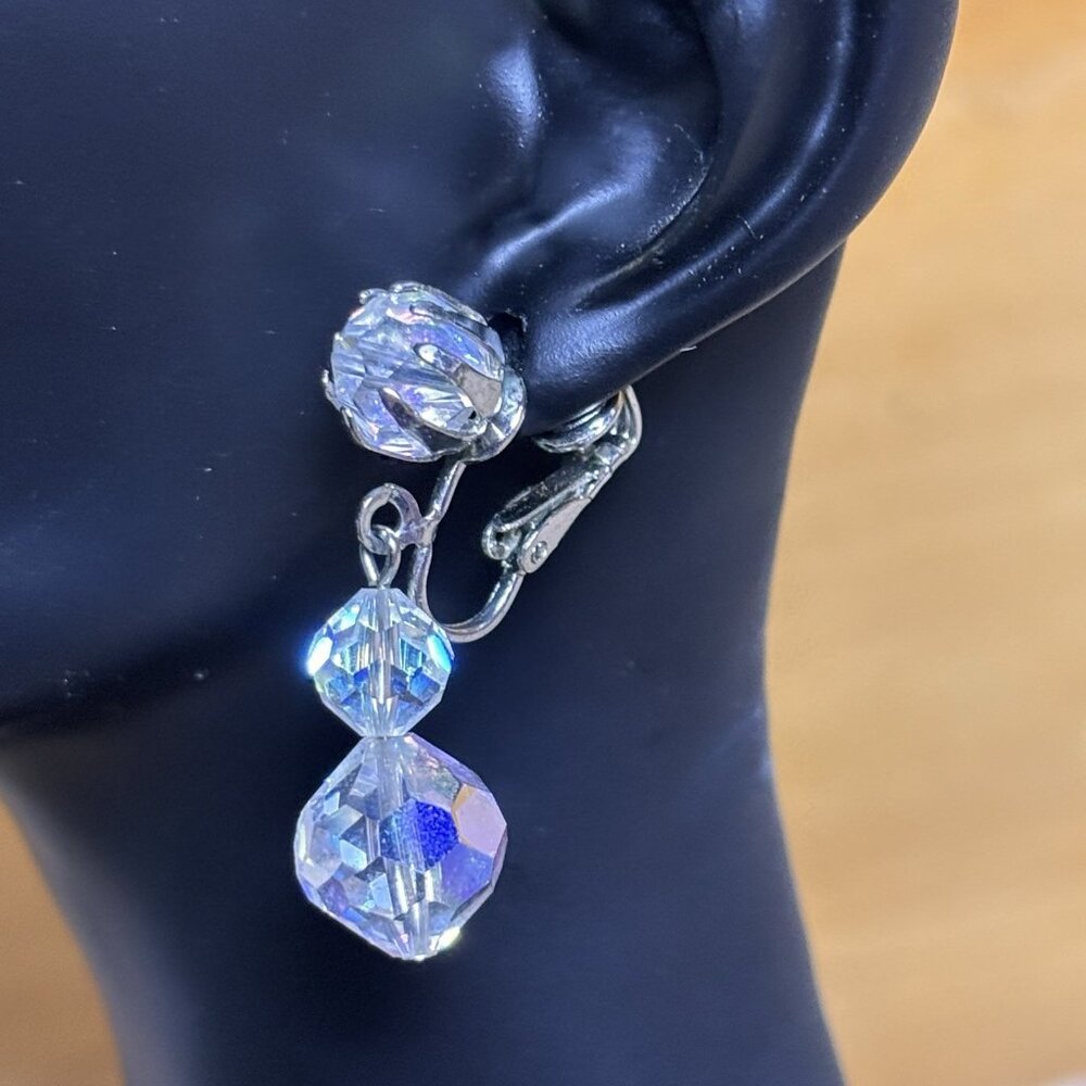 Vintage Aurora Borealis Clip-On Earrings: Iridescent Bead Dangle Jewelry B48